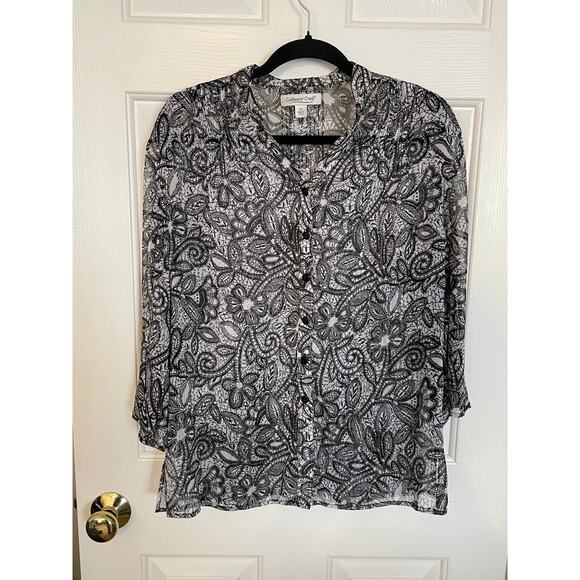 Coldwater Creek Womens Petite Large Blouse Sheer Floral Button Up Black White - Picture 1 of 10